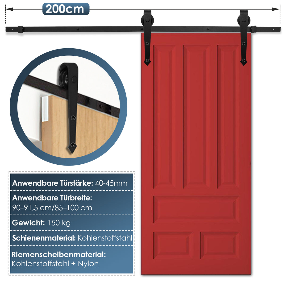 Schwarze Beschläge für Schiebetüren, pfeilförmige Beschläge für Schiebetüren, Schienen für Schiebetüren, geräuscharmer Lauf, erhältlich in den Längen 183 cm, 200 cm und 363 cm (Tür nicht im Lieferumfang enthalten)
