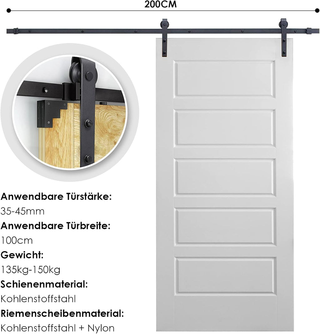 Beschläge für schwarze Schiebetüren, Beschläge für rechteckige Schiebetüren, Schienen für Schiebetüren, geräuscharmer Lauf, erhältlich in den Längen 152 cm, 183 cm, 200 cm, 244 cm und 363 cm (Tür nicht im Lieferumfang enthalten)