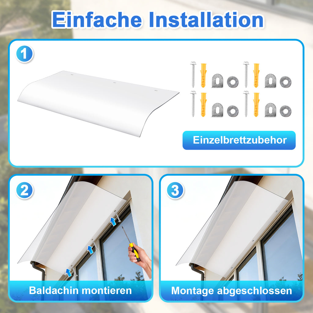 Eingangsüberdachung aus Polycarbonat – wetterfest – einseitiges Dach – zwei Ausführungen: Montage an der Vorderseite oder an der Unterkante