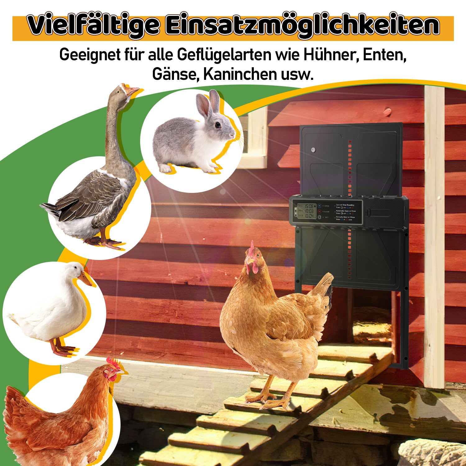 Automatisches Solartor für Hühnerställe mit LCD-Display und Fernbedienung | Elektrisches Hühnerstalltore mit Zeitschaltuhr, Hindernis-Stopp-Alarm, USB-C-Anschluss und Schutzklasse IPX4, geeignet für Hühnerställe, mit Einklemmschutz