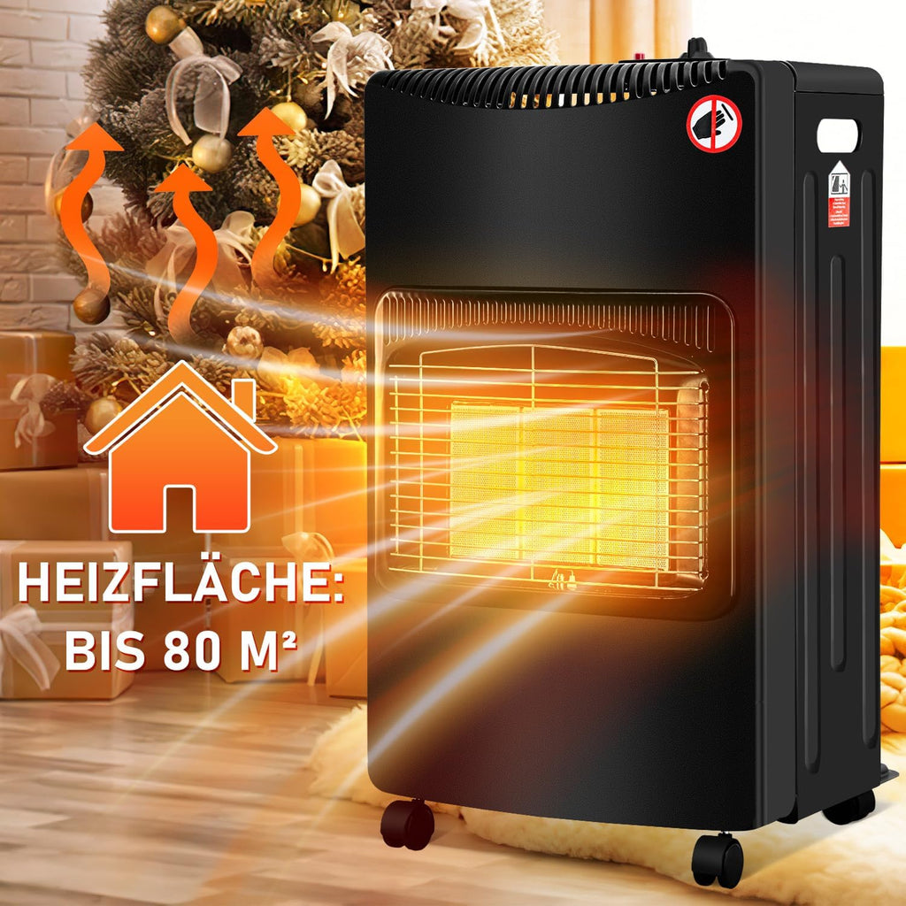 Gasheizung für Innenräume 4200W, Gasofen, Tülle, 2 EU-Adapter Gasheizer mit Schlauchtülle, Druckregler, 2 EU-Adaptern und 4 Rollen für Balkon, überdachte Terrasse und belüftete Räume