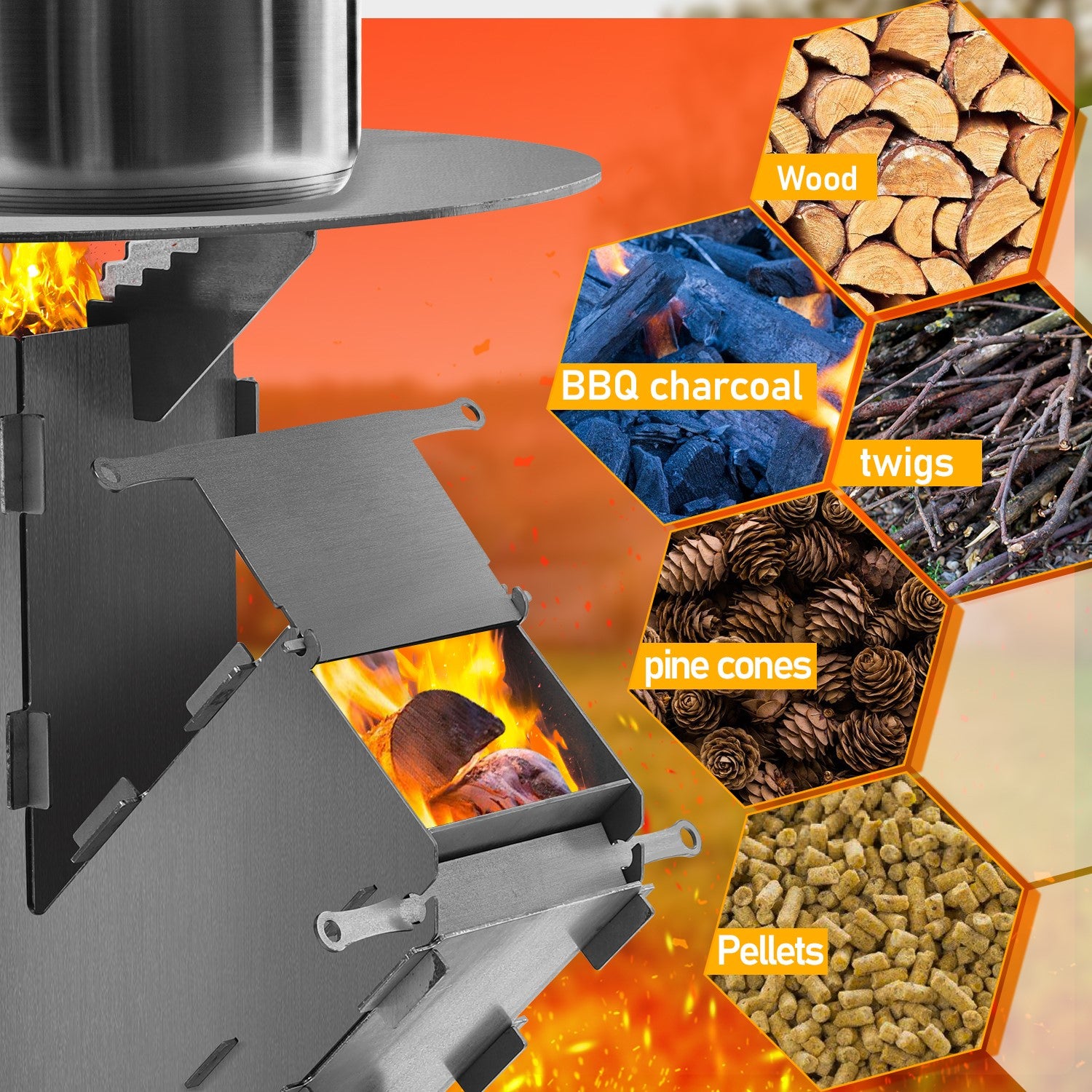 Raketenofen mit Grillplatte Ø50cm, Stecksystem aus Kohlenstoffstahl | Mit zwei zusätzlichen Stützstreben und Feuerhaken; für Garten, Terrasse und Camping