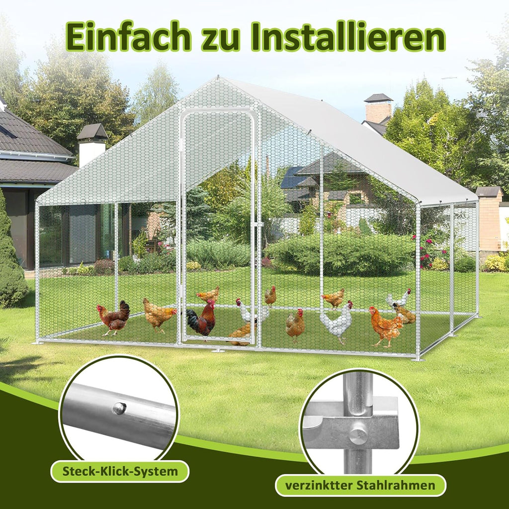 3 × 4 × 2 Meter großer Hühnerstall für den Außenbereich – Geflügelstall aus verzinktem Stahl mit Kuppeldach, geeignet für Hühner, Kaninchen, Gänse, Tauben und Wachteln, mit Metallzaun mit Maschen