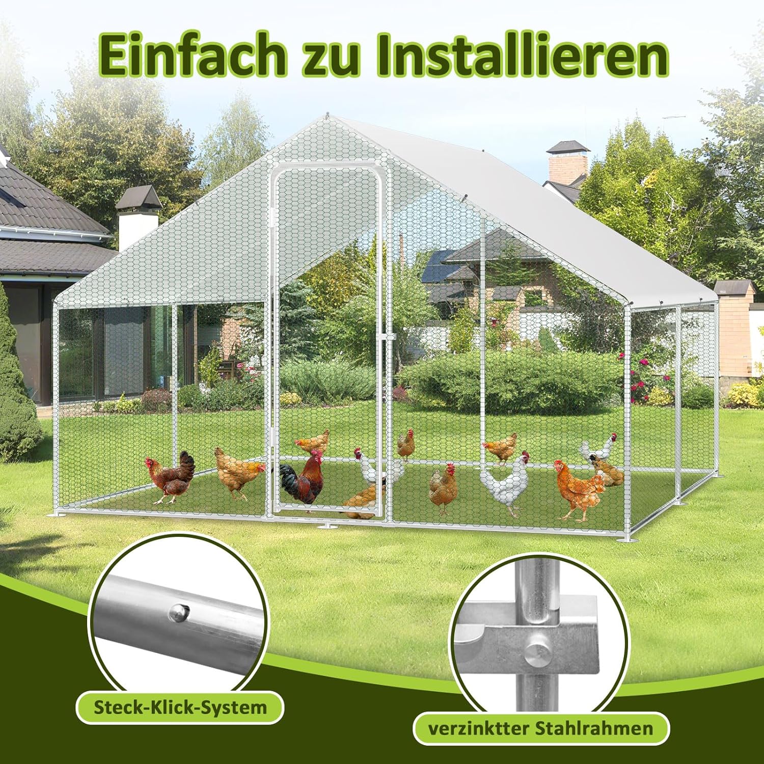 3 × 4 × 2 Meter großer Hühnerstall für den Außenbereich – Geflügelstall aus verzinktem Stahl mit Kuppeldach, geeignet für Hühner, Kaninchen, Gänse, Tauben und Wachteln, mit Metallzaun mit Maschen