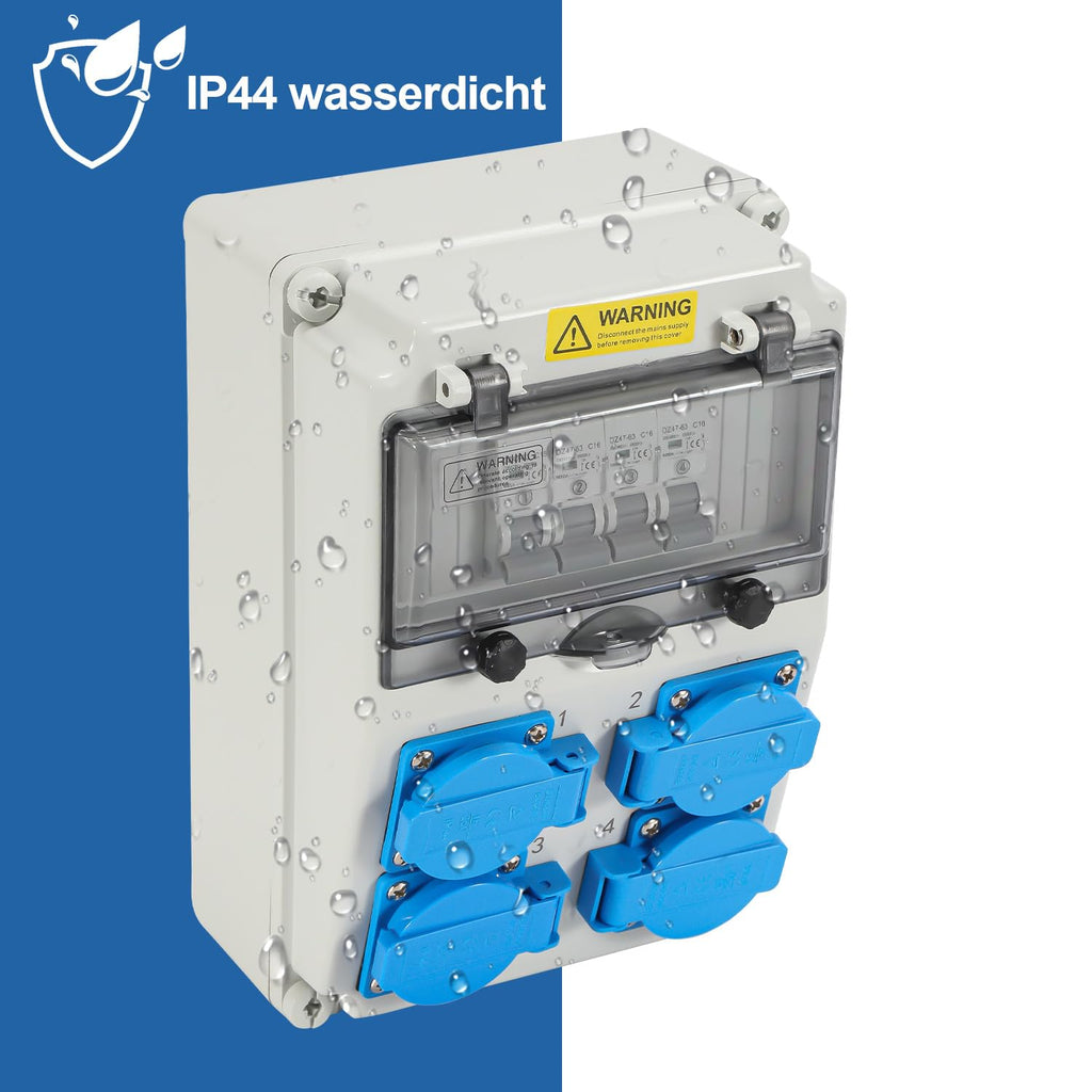 Wandverteiler, Baustromverteilerkasten mit 4xSchuko-Steckdose16A 250V, 4xCEE Steckdosen 16A 1P, Baustromverteiler mit Leitungsschutzschalter und Wasserdichte für Innen und Außen