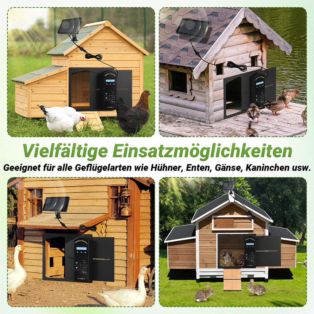 Elektrisches Solartor für Hühnerställe – Automatisches Hühnerstalltore mit Lichtsensor – LCD-Display – Zeitschaltuhr – Fernbedienung – Intelligente Schutzfunktion