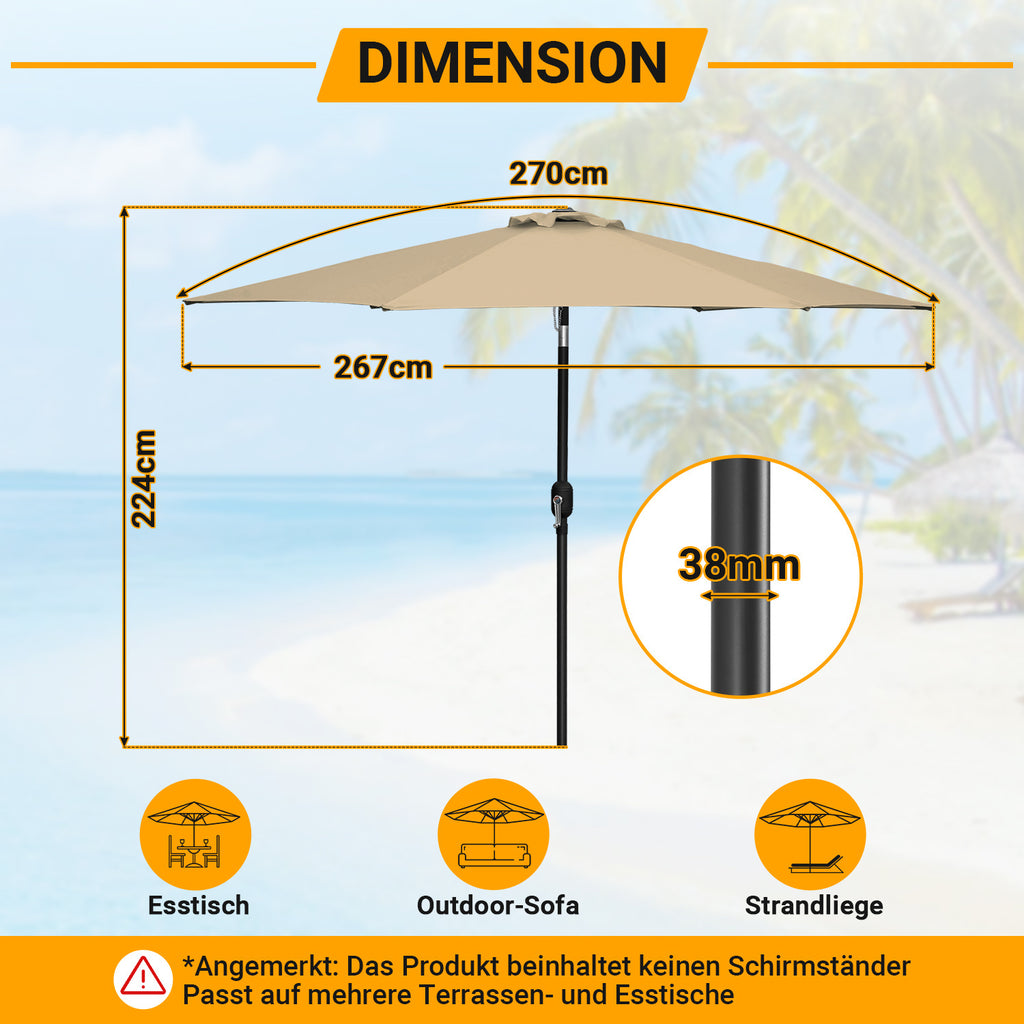 Sonnenschirm Ø270cm, Ampelschirm, Gartenschirm , Kurbelschirm, UV-Schutz, 160g/㎡ Polyester Schirmstoff, Wasserabweisend und schmutzabweisend, 5 Farben erhältlich, Garten