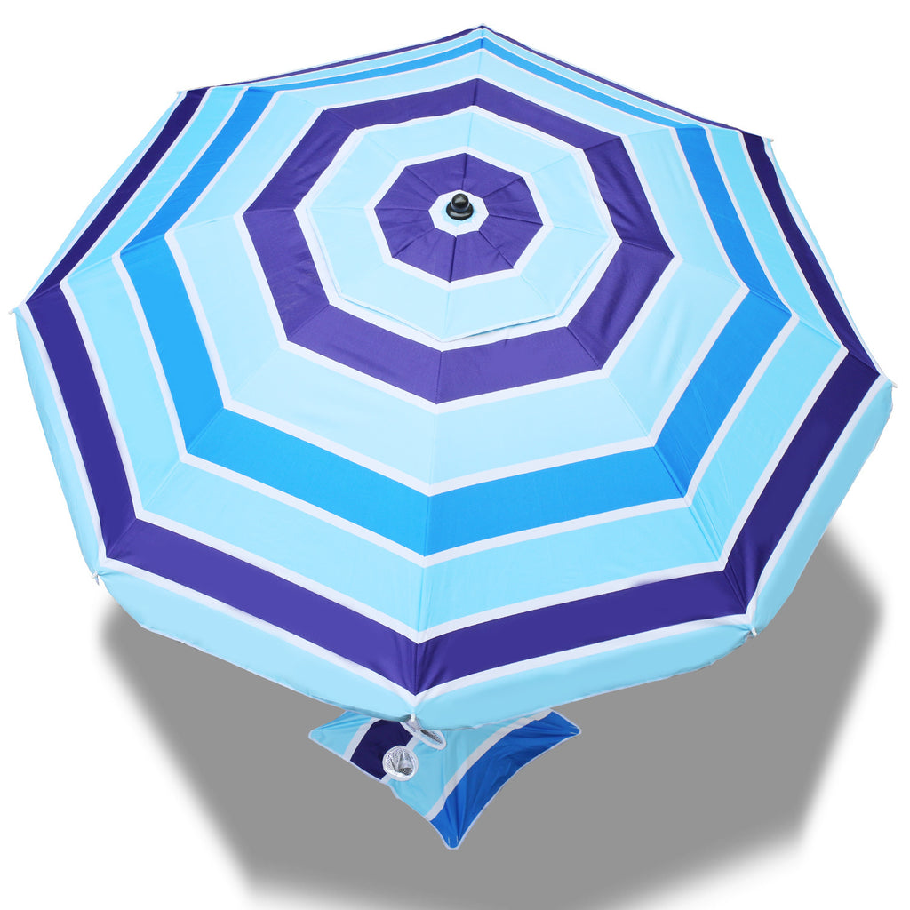 Strandschirm, Durchmesser 213 cm, Sonnenschutzfaktor UV50+, mit Tisch, Haken und Tragetasche, Neigungswinkel und Höhe verstellbar, windfest, langlebig, lichtbeständig, blaue Streifen