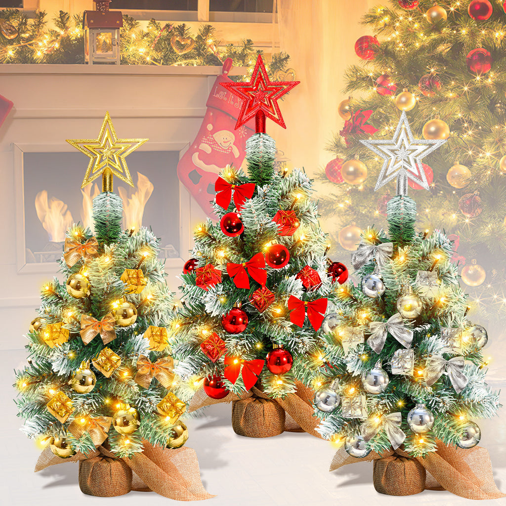 40 cm hoher Mini-Weihnachtsbaum mit LED-Beleuchtung, kleiner künstlicher Tannenbaum, Tannenbaum für den Tisch, mit roten, goldenen und silbernen Christbaumkugeln