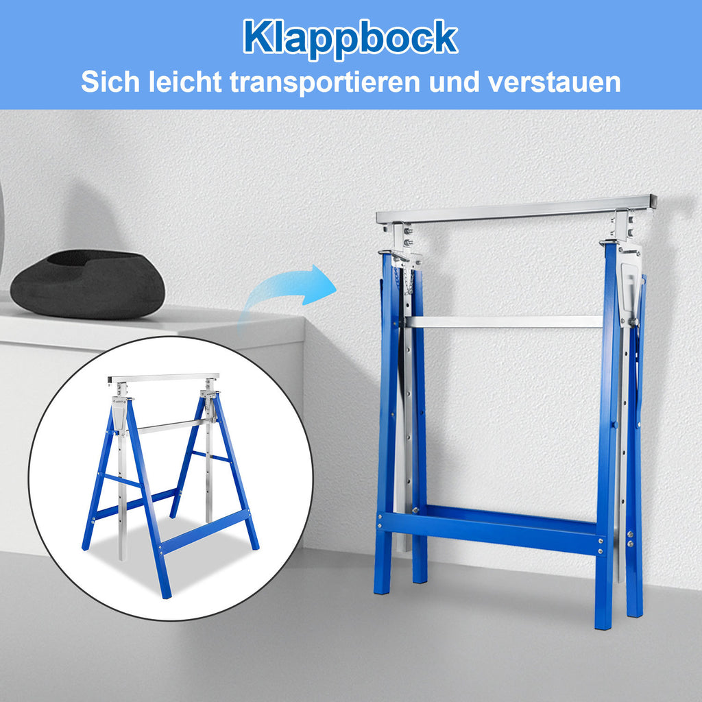 Arbeitsständer, 2er-Set, höhenverstellbar, 7 Stufen (80–130 cm), Gerüstständer, Tragkraft 400 kg pro Paar, klappbare Ständer für Haushalt, Werkstatt und Garten, blau