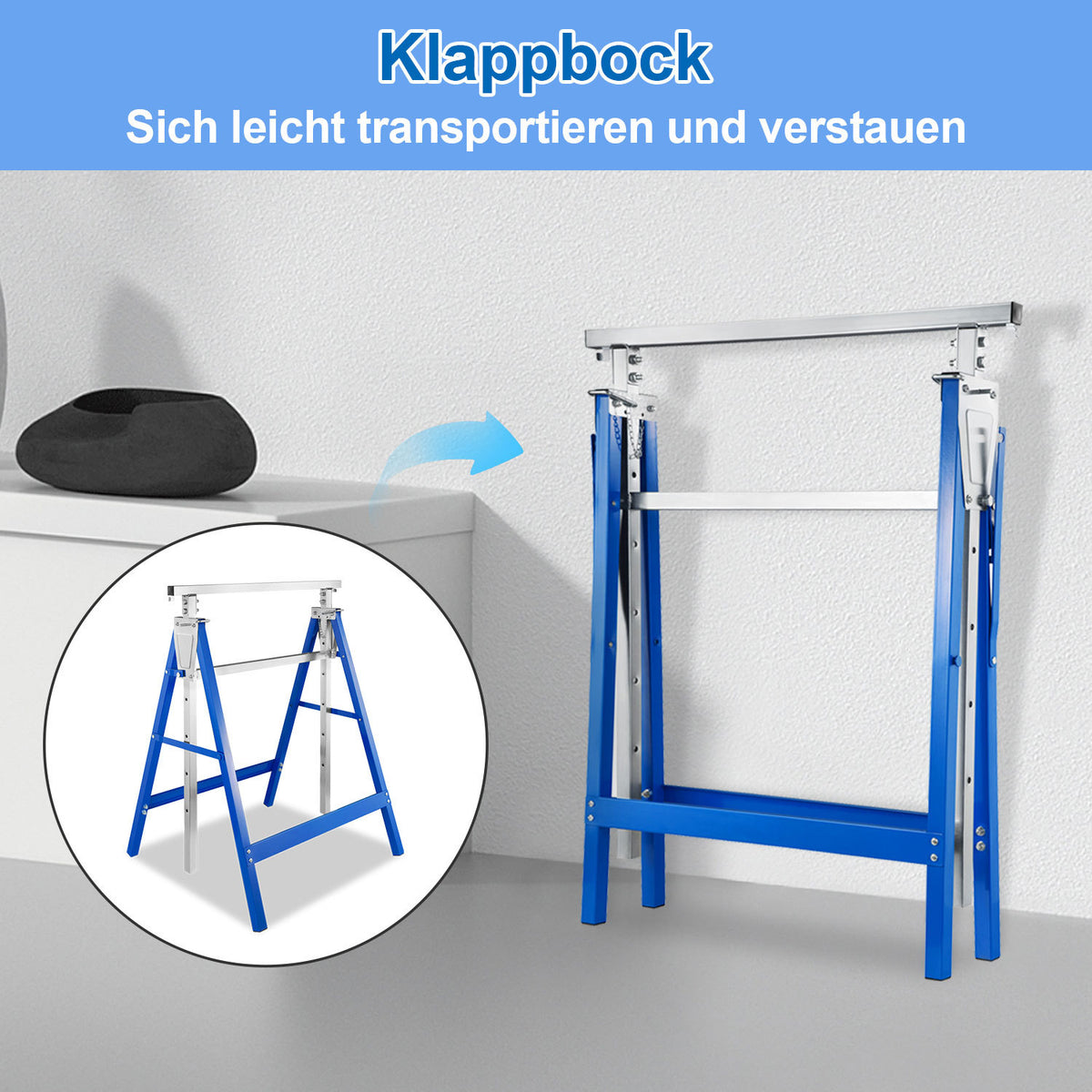Arbeitsständer, 2er-Set, höhenverstellbar, 7 Stufen (80–130 cm), Gerüstständer, Tragkraft 400 kg pro Paar, klappbare Ständer für Haushalt, Werkstatt und Garten, blau
