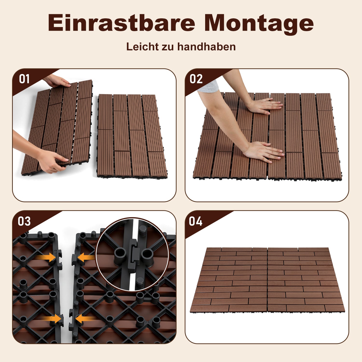 30 x 60 cm WPC-Terrassenfliesen , Klick-Verlegesystem, Teakholzfarben/Rotbraun/Dunkelgrau, 1–5 m² | WPC-Fliesen, Balkonfliesen, witterungsbeständige Platten mit Entwässerungsfunktion, einfache Verlegung, geeignet für Terrassen, Balkone und Gärten