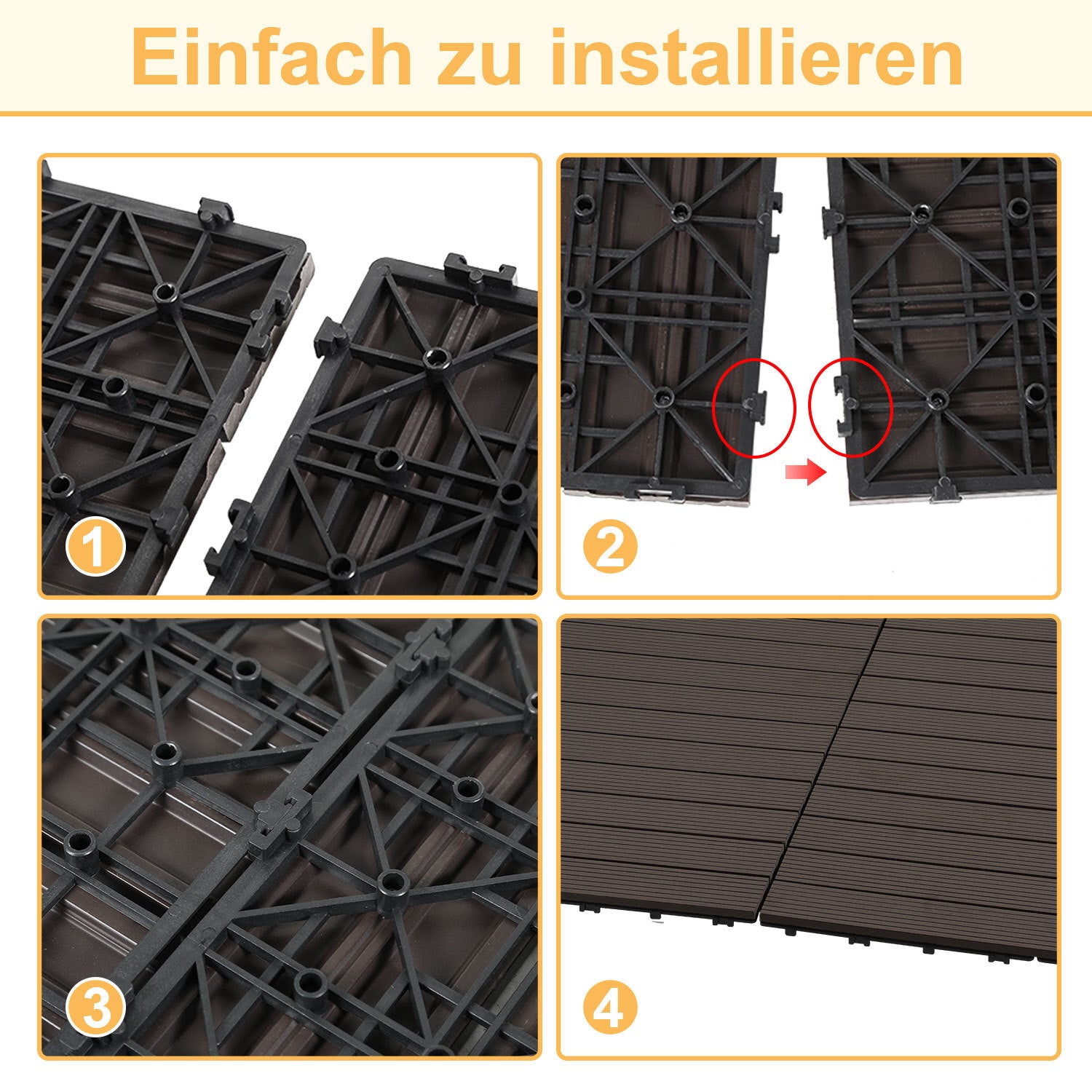 WPC-Fliesen, 30 x 60 cm, Terrassenfliesen, Klickfliesen, Balkonfliesen mit Holzoptik, witterungsbeständige Platten mit Entwässerungsfunktion, geeignet für Terrassen, Balkone und Gärten, braun/rotbraun/dunkelgrau/teakfarben (6 Stück = 1 Quadratmeter)