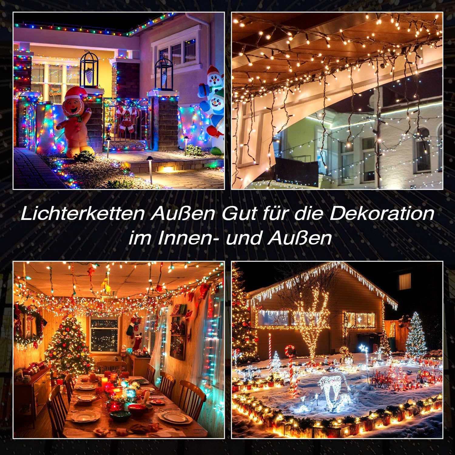 Außenbeleuchtung für 50–200 Meter, 500–2000 LED-Lichter, 8 Leuchtmodi, mit Stecker, Schutzart IP44, für den Innen- und Außenbereich geeignet, ideal für Weihnachten, Ostern, Halloween und Hochzeitsfeiern