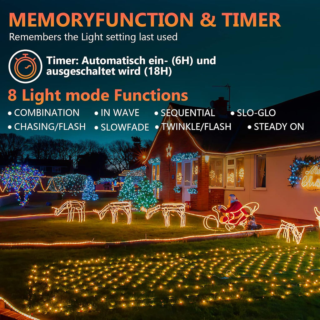 10/20/30 Meter lange LED-Lichterkette für den Außenbereich, gelbe LED-Lichterkette, 8 Leuchtmodi mit Speicherfunktion, wasserdichtes Design, geeignet für Garten, Weihnachtsfeiern und Hochzeiten
