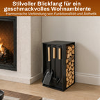 Kaminbesteck- und Holzregal-Set | 54 × 29 × 29 cm, schwarzes Metallgestell, inklusive Schaufel, Besen und Haken (ca. 48 cm) | Integrierte Aufbewahrung von Brennholz und Kaminbesteck, rutschfeste Unterlage zum Schutz des Fußbodens