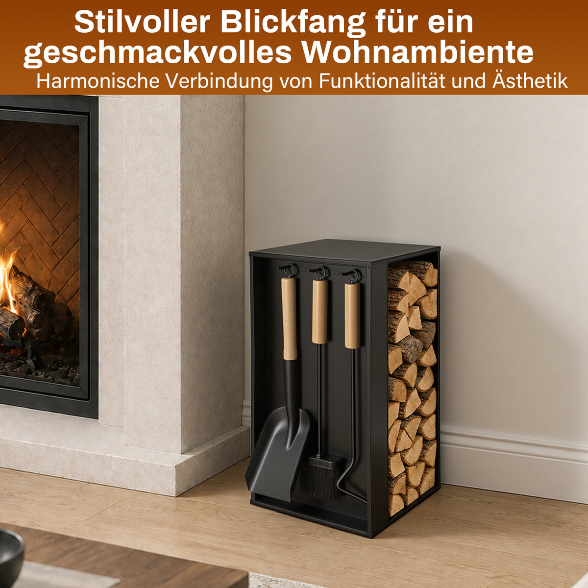 Kaminbesteck- und Holzregal-Set | 54 × 29 × 29 cm, schwarzes Metallgestell, inklusive Schaufel, Besen und Haken (ca. 48 cm) | Integrierte Aufbewahrung von Brennholz und Kaminbesteck, rutschfeste Unterlage zum Schutz des Fußbodens