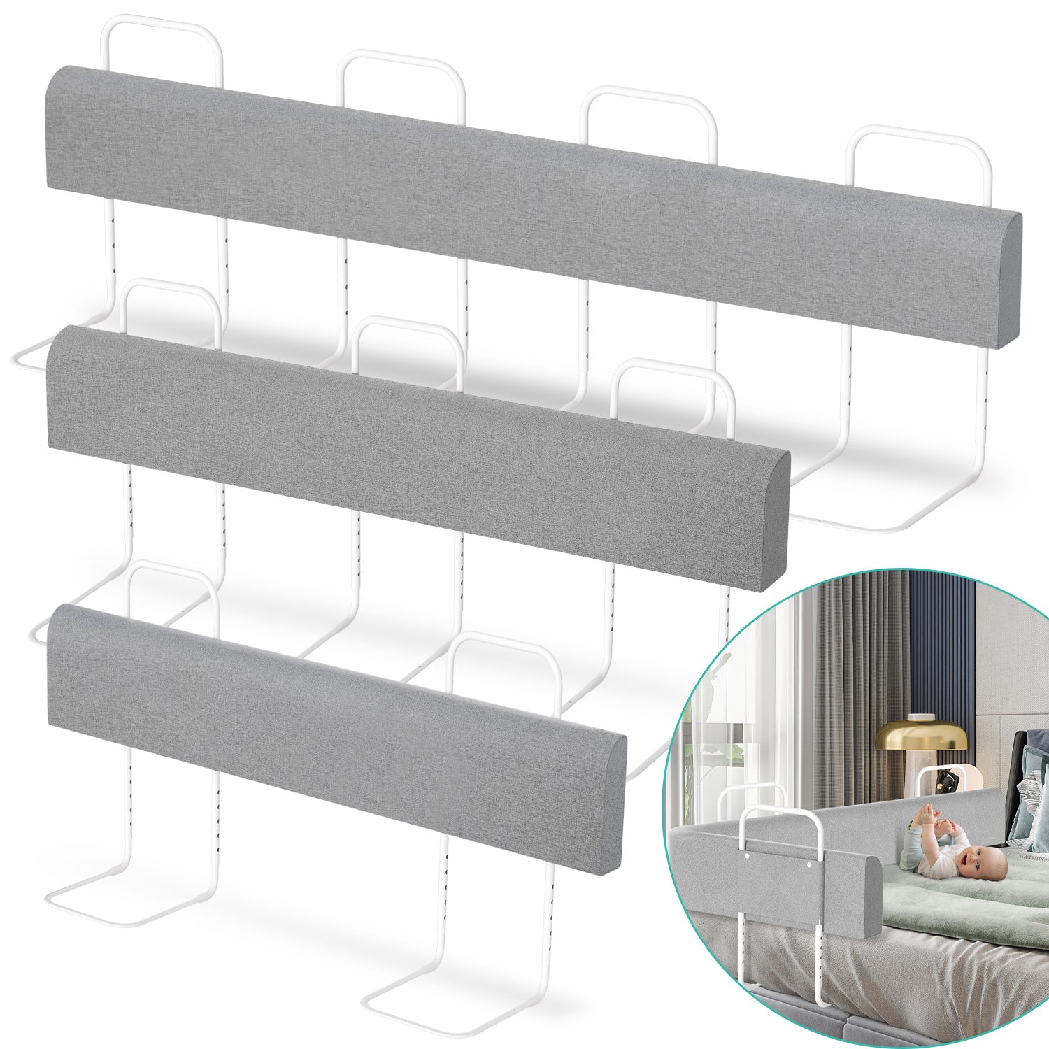 Kinderbettgitter, 150/180/200 cm, Sicherheitsgitter für Babybetten, in 5 Stufen höhenverstellbar, weiches Gitter zum Schutz vor Stürzen, geeignet für Familienbetten und Babybetten, grau