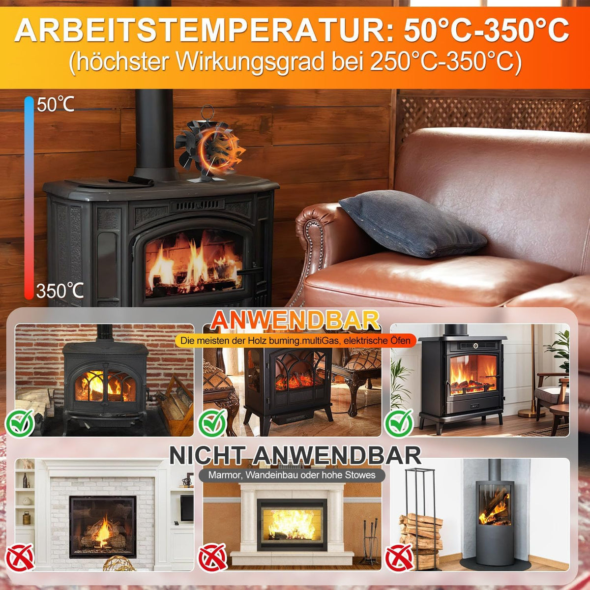 Stromunabhängiger Kaminventilator, doppelseitiges Design, 6 Flügel mit Thermometer, Kaminventilator, hocheffizienter Kaminventilator, leiser Betrieb, geeignet für Kamine und Holzöfen, Maße: 16 x 12 x 18,5 cm