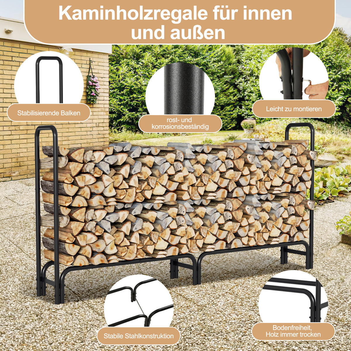 Holzregal mit Schutzhülle – Stahlrahmen – schwarzes Metall-Holzregal – Hilfsmittel zur Lagerung im Innenbereich – Maße: 244 x 34,5 x 124 cm