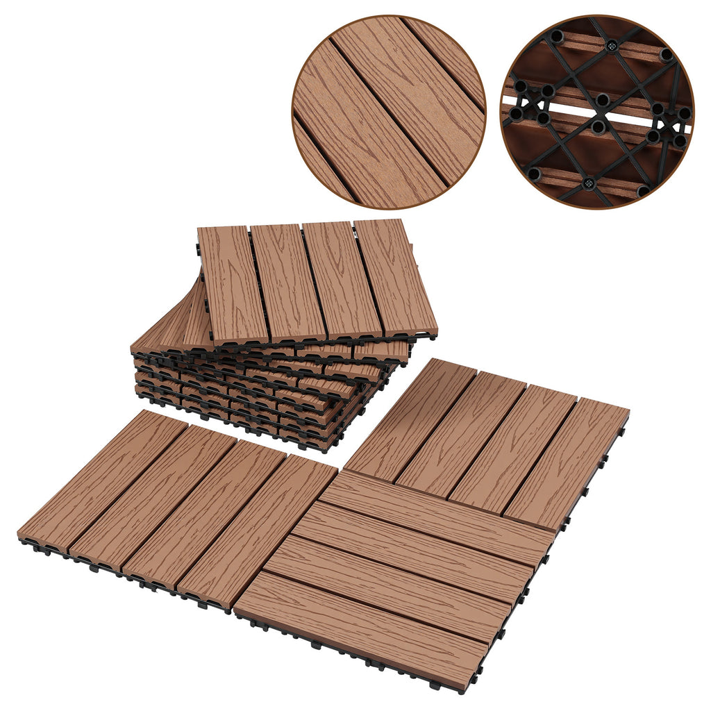 WPC-Terrassenfliesen in Holzoptik, 30 x 30 cm, WPC-Bodenfliesen, Terrassen- und Balkonfliesen mit Klicksystem und Entwässerungsfunktion, wasserfest und rutschfest, Teakholzfarben/Rotbraun/Dunkelgrau, 1–5 m²