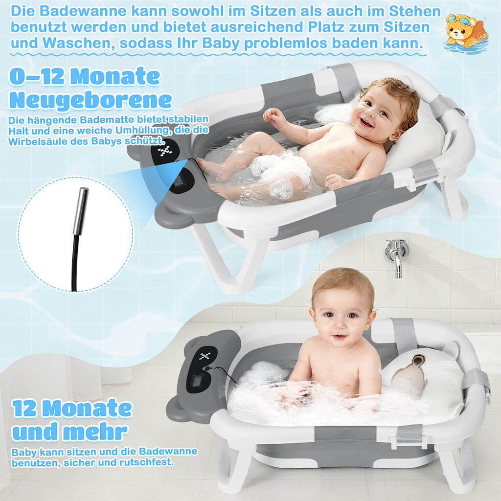 Babybadewanne, Kinderbadewanne, 0–12 Monate, zusammenklappbare Badewanne, grauer Bär (mit Badematte)