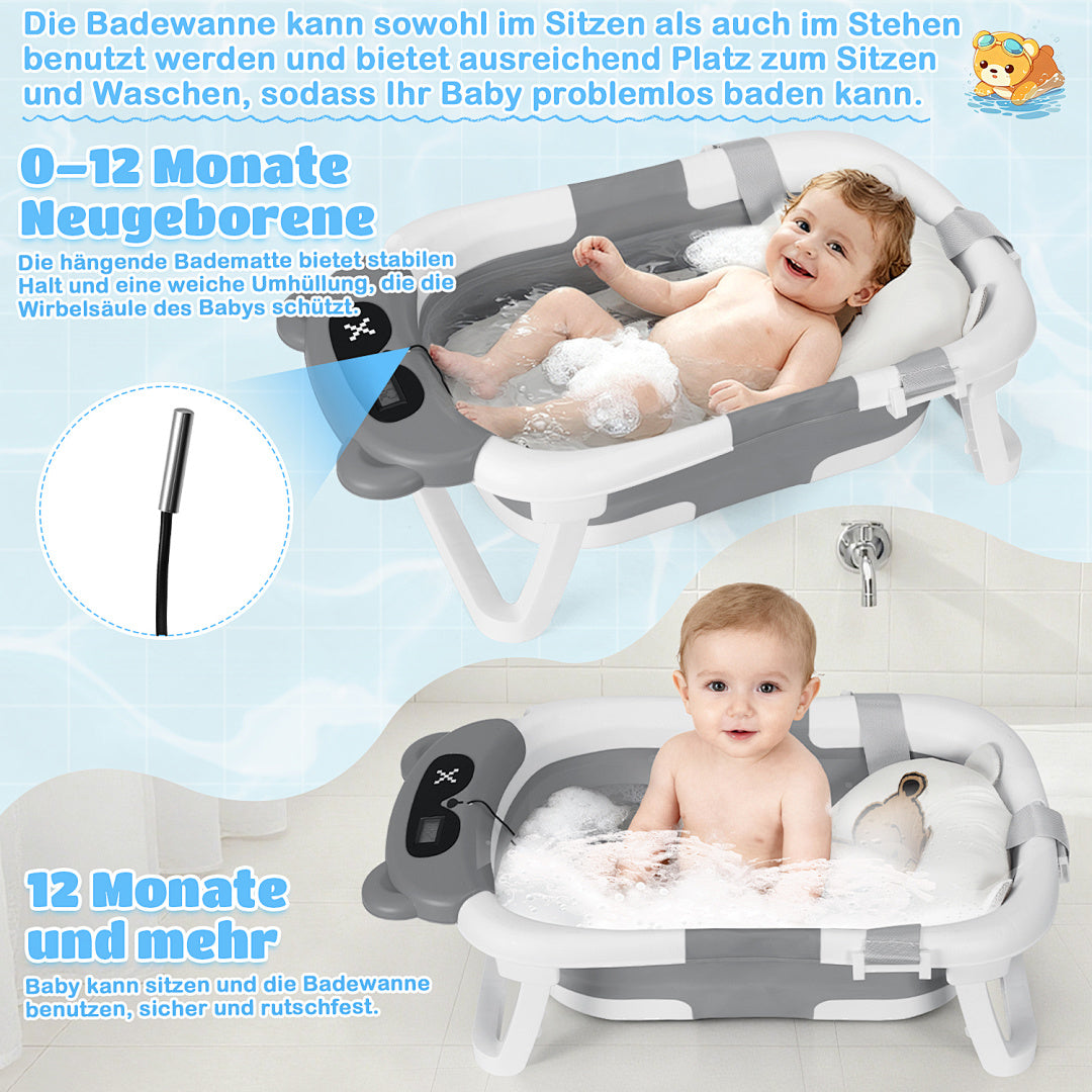 Babybadewanne, Kinderbadewanne, 0–12 Monate, zusammenklappbare Badewanne, grauer Bär (mit Badematte)
