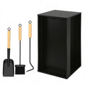 Kaminbesteck- und Holzregal-Set | 54 × 29 × 29 cm, schwarzes Metallgestell, inklusive Schaufel, Besen und Haken (ca. 48 cm) | Integrierte Aufbewahrung von Brennholz und Kaminbesteck, rutschfeste Unterlage zum Schutz des Fußbodens