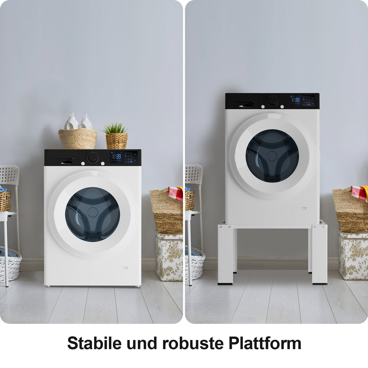 Waschmaschinen-Untergestell mit höhenverstellbarer Ablage 60.6x60.6x40 cm, 150 kg belastbar, Ablage 30 kg, 3 Höhen (5/10/15 cm), Anti-Rutsch & Gummifüße, Weiß