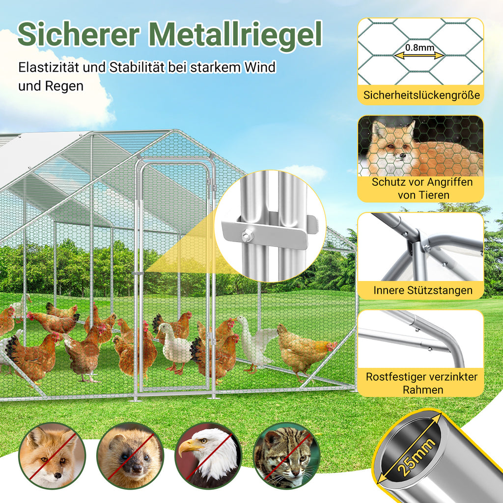 3 × 8 × 2 Meter großer Hühnerstall für den Außenbereich – Geflügelstall aus verzinktem Stahl mit Kuppeldach, geeignet für Hühner, Kaninchen, Gänse, Tauben und Wachteln, mit Metallzaun mit Maschen（副本）