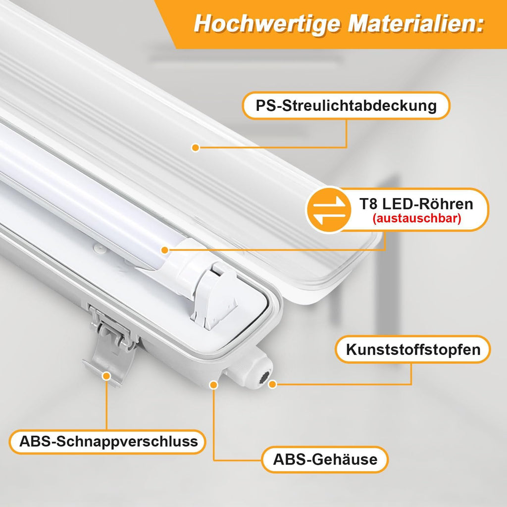 LED Feuchtraumleuchte Wannenleuchte 150cm 24W, 2400 Lumen 6500K, IP65 Wasserfest mit T8 LED Röhre für Garage Werkstatt Keller Außenbereich