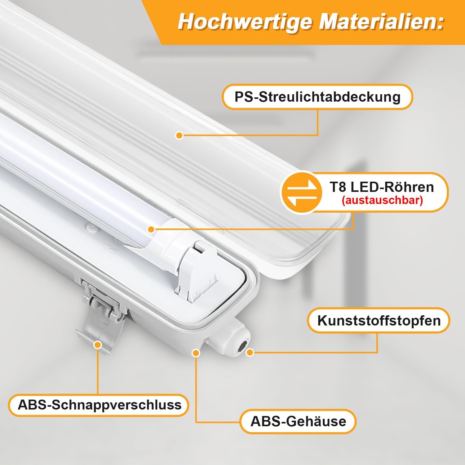 LED Feuchtraumleuchte Wannenleuchte 150cm 24W, 2400 Lumen 6500K, IP65 Wasserfest mit T8 LED Röhre für Garage Werkstatt Keller Außenbereich