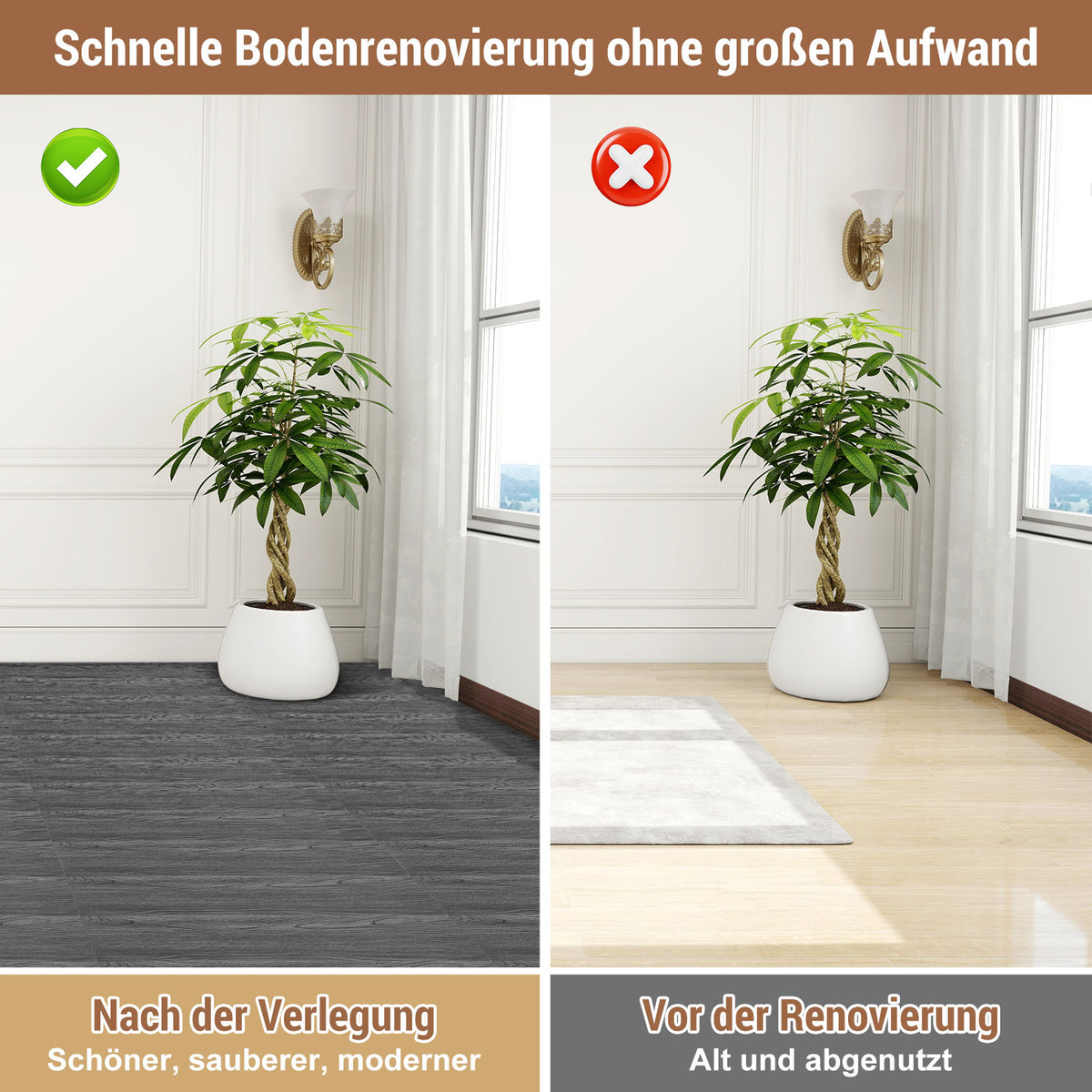 PVC-Bodenbelag, selbstklebende Vinylfliesen, Vinylboden, 91,44 cm × 15,24 cm – Stärke 2 mm, rutschfeste Vinyl-Verbundbodenstreifen, geeignet für Schlafzimmer und Wohnzimmer, 18 Stück = 2,5 m², in drei Farben erhältlich