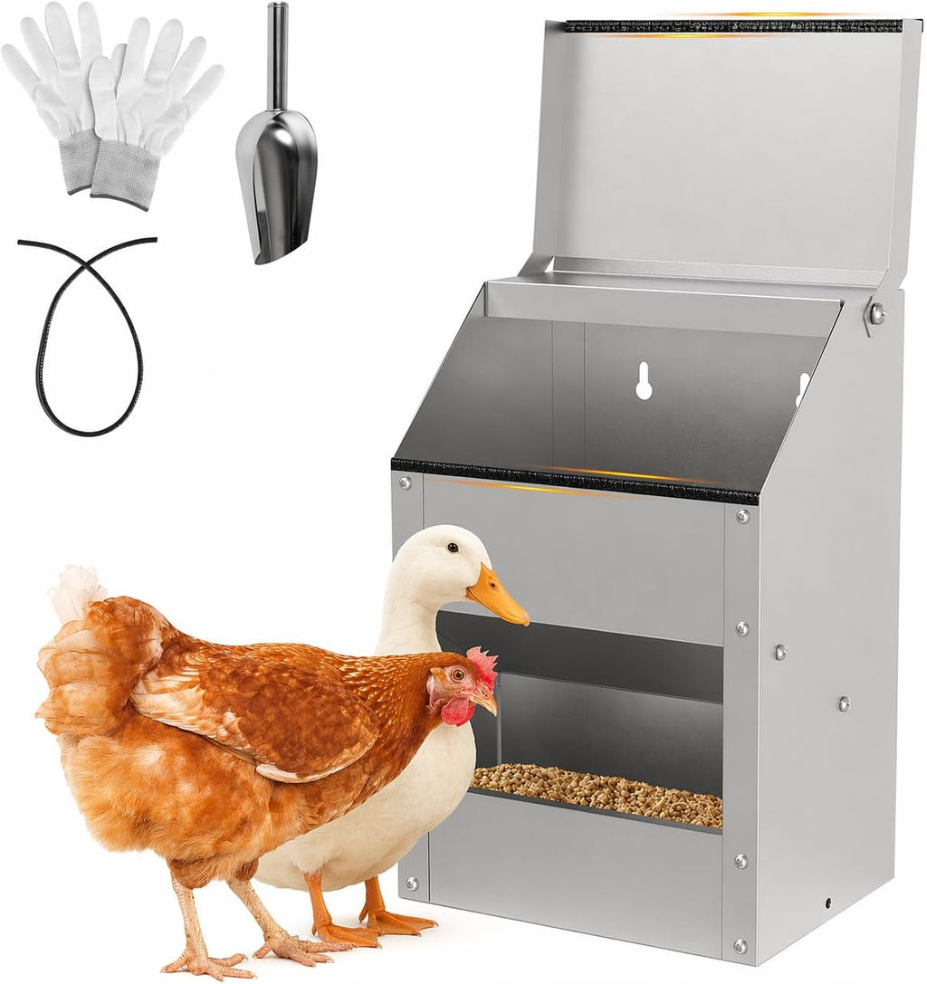 Verzinkter Stahl-Hühnerfuttertrog mit Deckel und Wandhalterung, geeignet als Futtertrog für Hühner, Enten und anderes Geflügel, inklusive Handschuhen, Futterschaufel und Pickschutzleiste