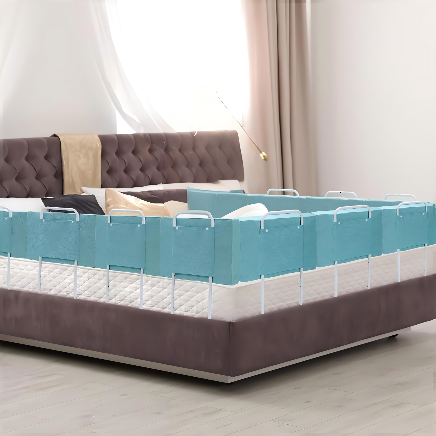 Bettgitter, 50/60 cm, Absturzsicherung, Sicherheitsgitter für Kinderbetten, in 5 Stufen höhenverstellbares Bett, Absturzsicherung, Bettgitter für Kinderbetten, Babybett und Familienbett (Leinen-Grau/Grün), optional