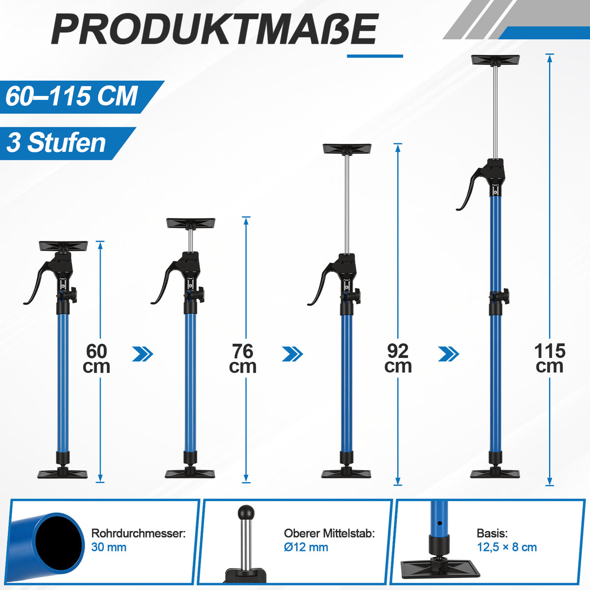 60–115 cm Stützstange für Tischlerarbeiten, inklusive Aufbewahrungstasche | Tragkraft 100 kg, 3-stufige Höhenverstellung, Hilfswerkzeug für die Schrankmontage, inklusive Aufbewahrungstasche