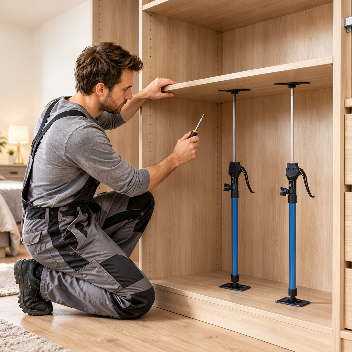 60–115 cm Stützstange für Tischlerarbeiten, inklusive Aufbewahrungstasche | Tragkraft 100 kg, 3-stufige Höhenverstellung, Hilfswerkzeug für die Schrankmontage, inklusive Aufbewahrungstasche