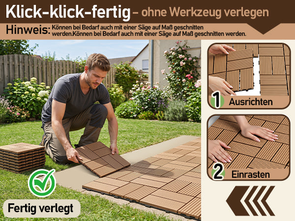 8 Streifen | 30 x 30 cm WPC-Terrassenfliesen 1–5 m², Teakholz-Optik/Rotbraun/Dunkelgrau | Wasserfeste, verlegbare und wasserdurchlässige Fliesen, geeignet für Balkone, Terrassen, Gärten und Außenbereiche