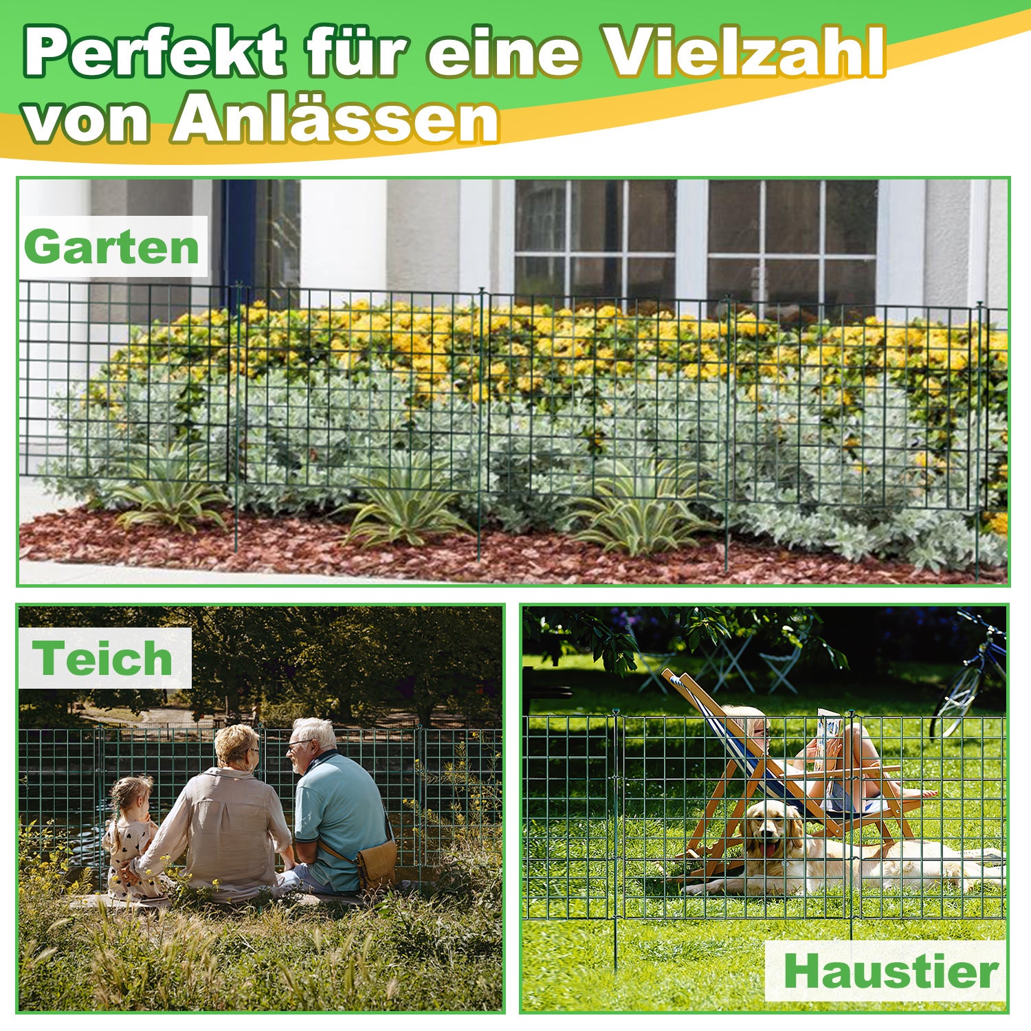 Teichzaun, Metall-Gartenzaun, Außenzaun, 3,75/7,5/10,5 Meter, inklusive Zaunelemente und Befestigungsstangen, flaches Modell