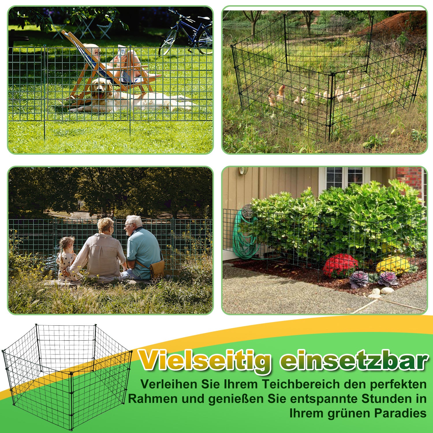 Teichzaun, Metall-Gartenzaun, Außenzaun, 3,75/7,5/10,5 Meter, inklusive Zaunelemente und Befestigungsstangen, flaches Modell