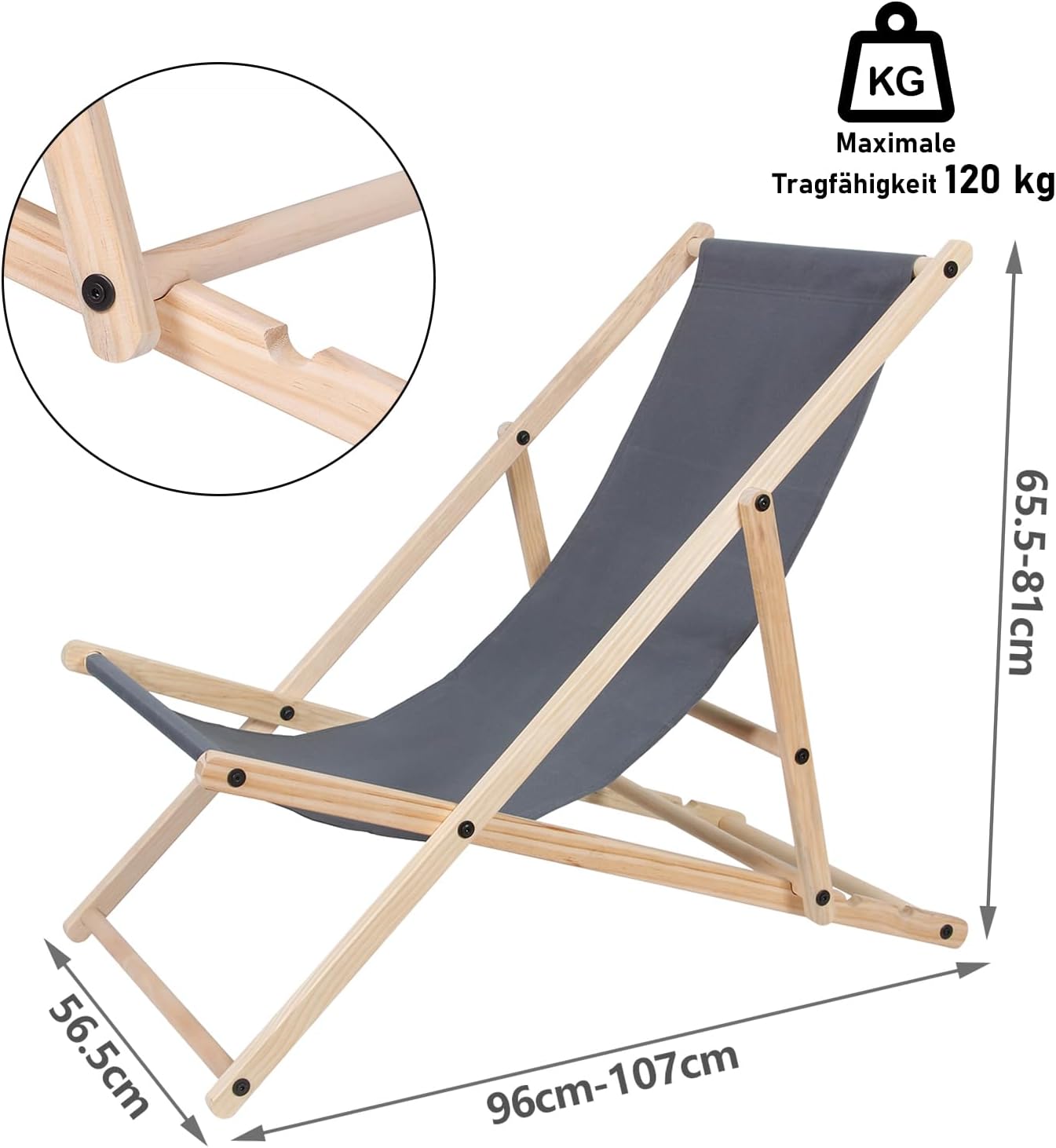 Klappbarer Liegestuhl, verstellbar, Belastbarkeit 120 kg, geeignet für Strand, Camping und Balkon, Klappstuhl für drinnen und draußen, Strandliegestuhl, wetterfester Freizeitliegestuhl, Camping-Liegestuhl