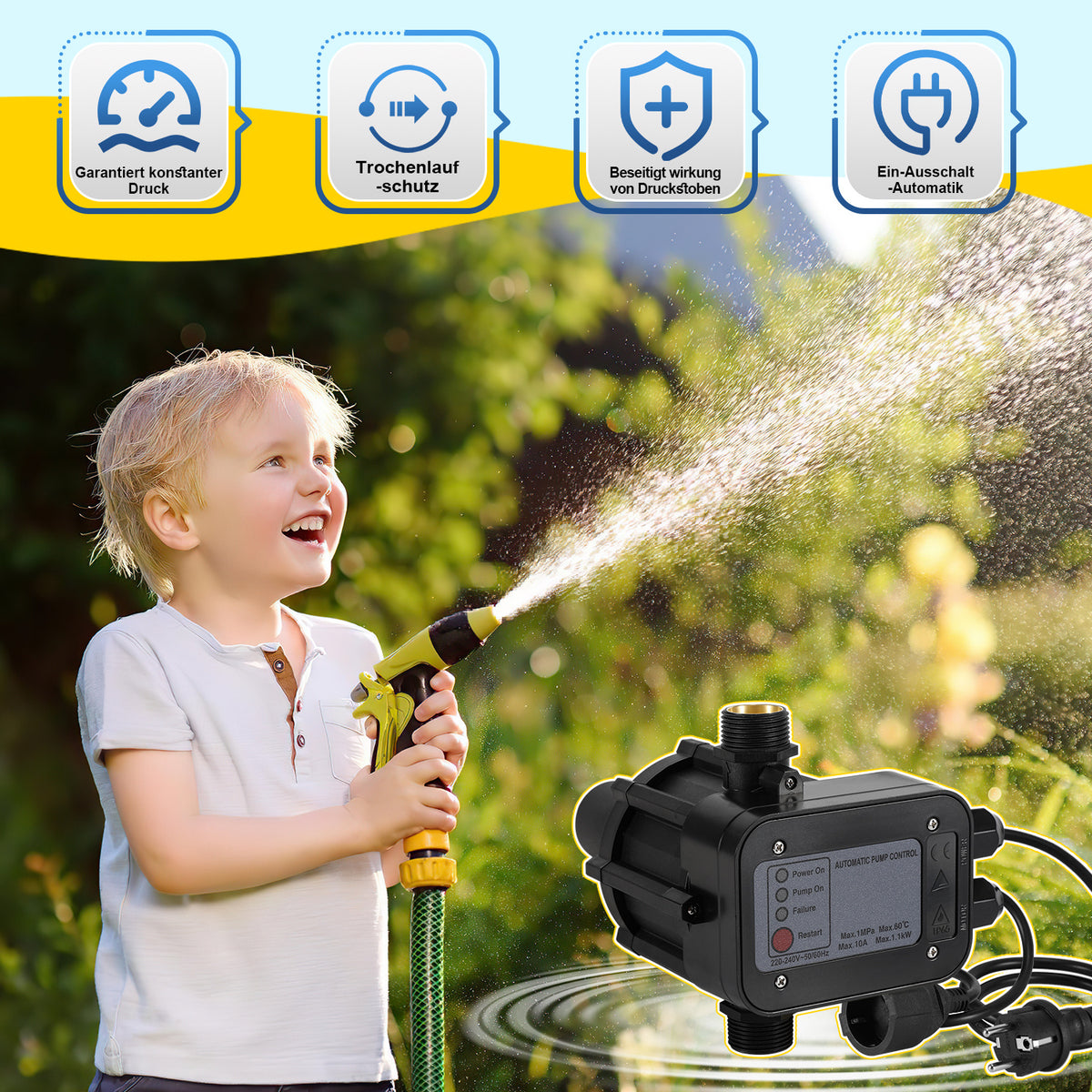 Pumpensteuerung, Druckschalter mit Kabel, 10 bar, mit Bar-Anzeige, der Druckschalter überwacht den Wasserdruck – automatisches Ein- und Ausschalten, Gartenhäuschen