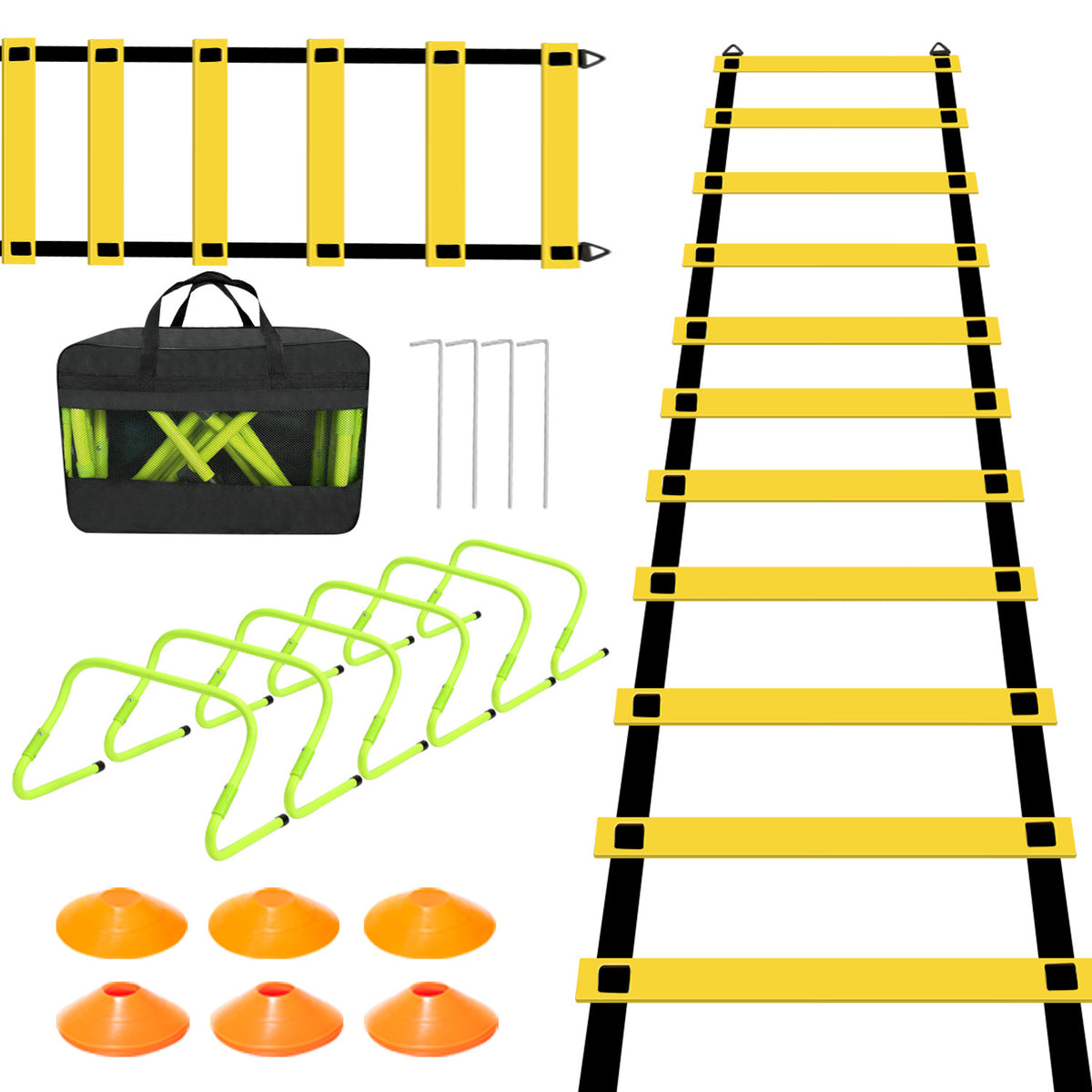 Speed & Agility Training Set Koordinationsleiter, Trainingsset Enthält 1 Agility Leiter, 6 verstellbare Hürden, 12 Hütchen, Aufbewahrungstasche, Trainingsgerät für alle Sportarten