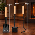 Kaminbesteck- und Holzregal-Set | 54 × 29 × 29 cm, schwarzes Metallgestell, inklusive Schaufel, Besen und Haken (ca. 48 cm) | Integrierte Aufbewahrung von Brennholz und Kaminbesteck, rutschfeste Unterlage zum Schutz des Fußbodens