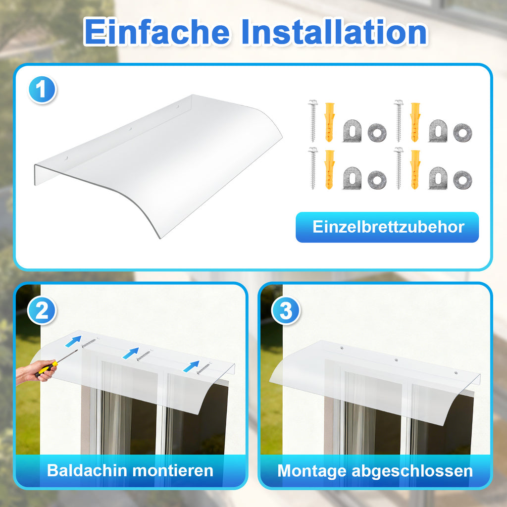 Eingangsüberdachung aus Polycarbonat – wetterfest – einseitiges Dach – zwei Ausführungen: Montage an der Vorderseite oder an der Unterkante