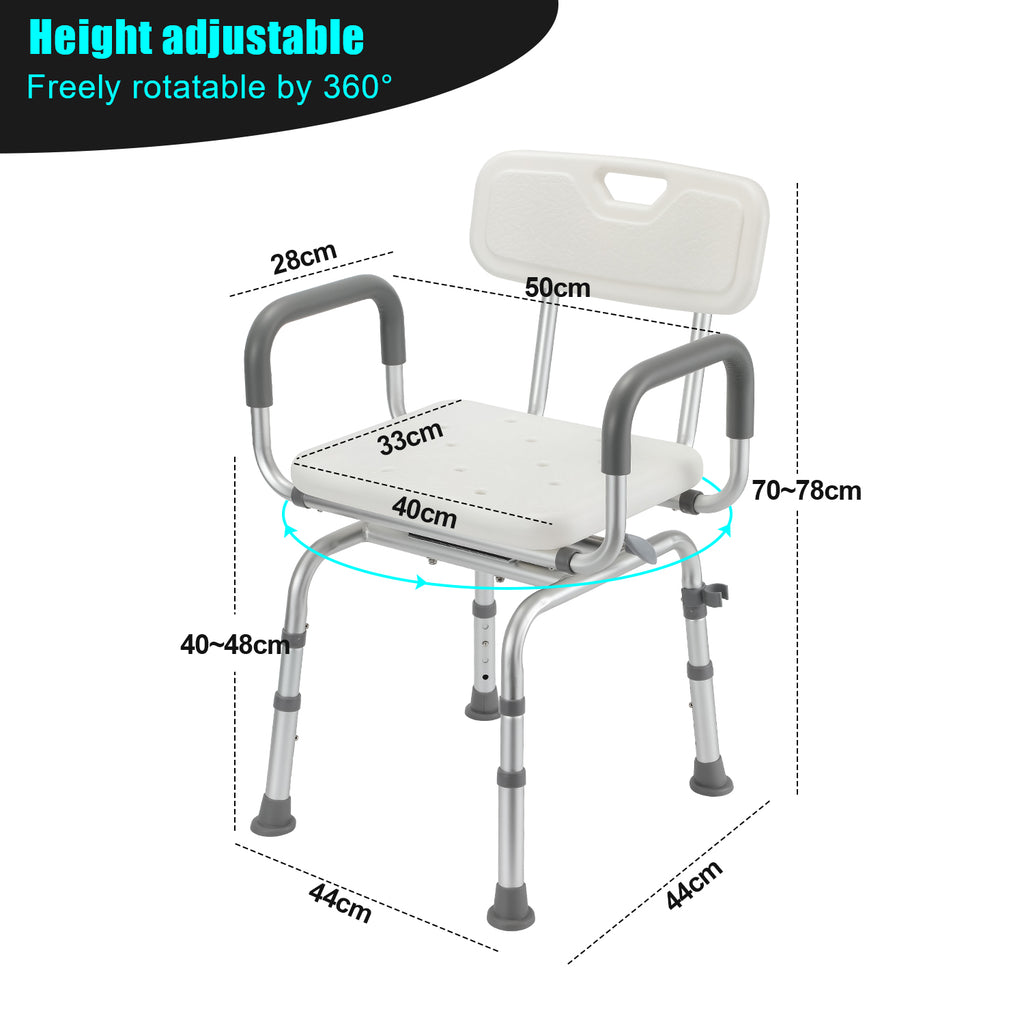 360° Drehbarer Duschstuhl für Senioren, Duschhocker mit Armlehnen und Rückenlehne für Senioren, Badhocker 100KG Duschsitz 36-52cm Höhenverstellbar, Duschhilfe Duschstuhl