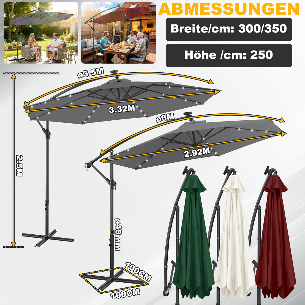 Ausziehbarer Sonnenschirm mit LED-Solarbeleuchtung, Durchmesser 300/350 cm, mit Kurbel, ausziehbarer Sonnenschirm mit Sockel, Gartensonnenschirm, Sonnenschutz, UV-Schutz, handbetätigter Sonnenschirm, Sonnenschirm für Märkte, wasserdicht