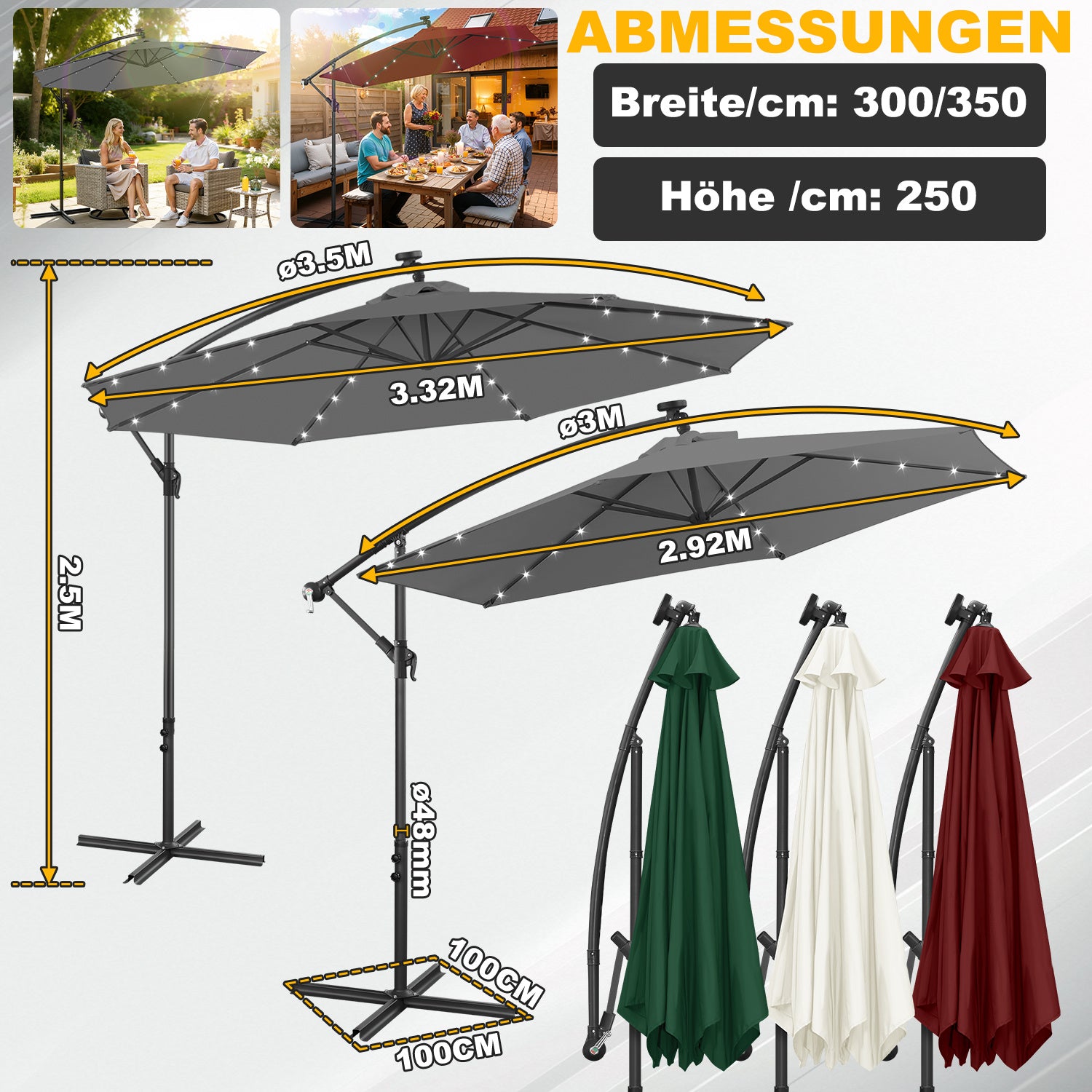 Ausziehbarer Sonnenschirm mit LED-Solarbeleuchtung, Durchmesser 300/350 cm, mit Kurbel, ausziehbarer Sonnenschirm mit Sockel, Gartensonnenschirm, Sonnenschutz, UV-Schutz, handbetätigter Sonnenschirm, Sonnenschirm für Märkte, wasserdicht