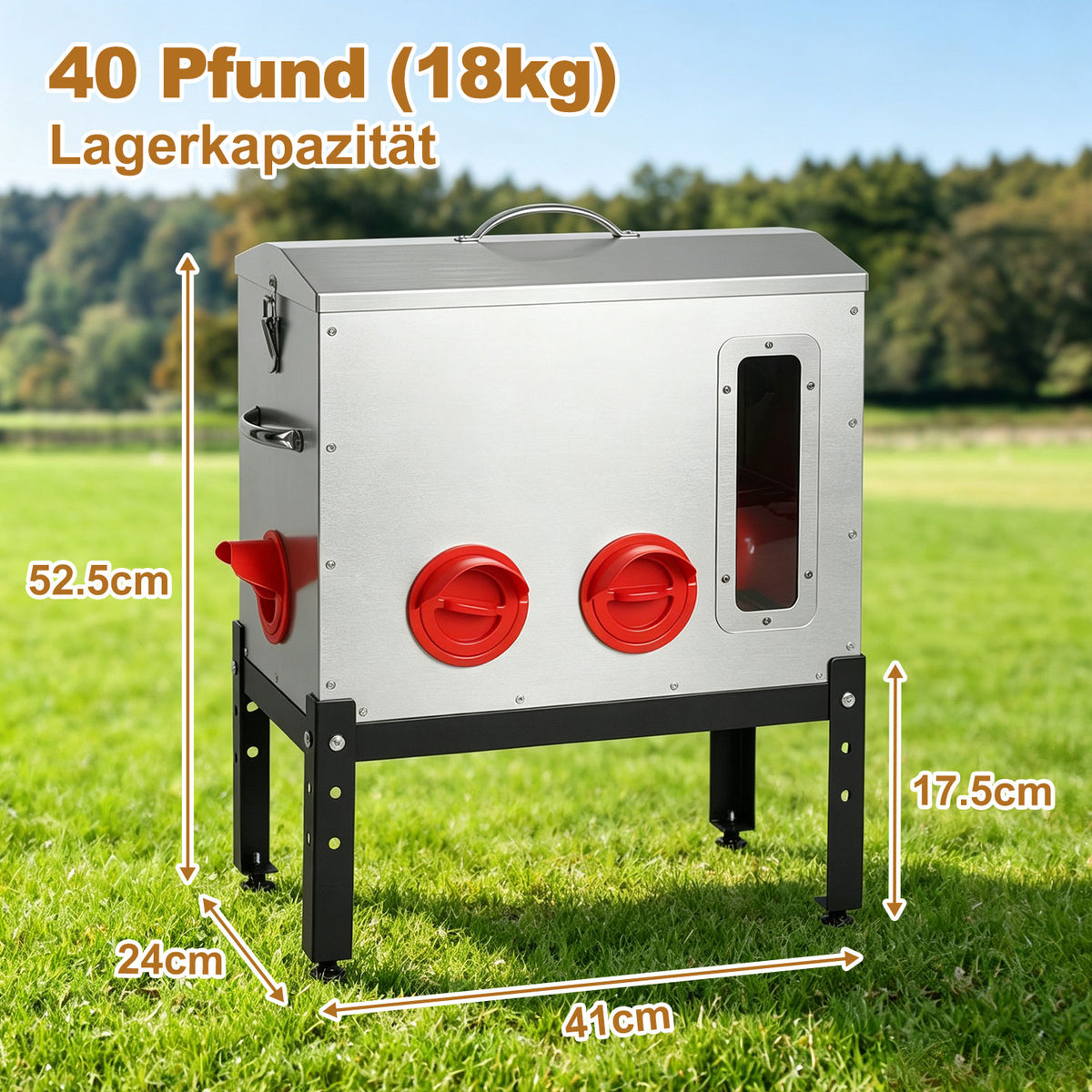 Automatischer Hühnerfutterbehälter mit 18 kg Fassungsvermögen, 6 Futterauslässen, aus verzinktem Metall