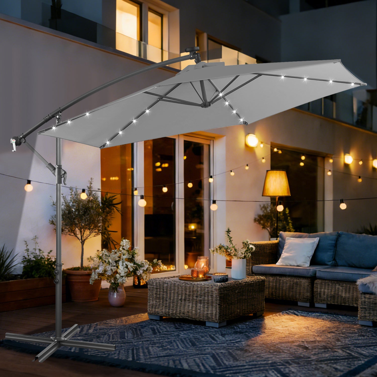 Ausziehbarer Sonnenschirm mit LED-Solarbeleuchtung, Durchmesser 300/350 cm, mit Kurbel, ausziehbarer Sonnenschirm mit Sockel, Gartensonnenschirm, Sonnenschutz, UV-Schutz, handbetätigter Sonnenschirm, Sonnenschirm für Märkte, wasserdicht